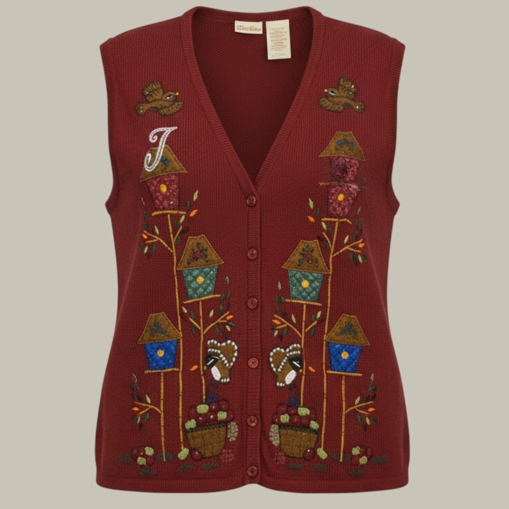 Vintage 80s Red Birdhouse Embroidered Beaded Sweater Vest 18W/20W Cotton Blend